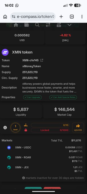A mobile screenshot from e-compass.io shows token information for 'XMN token' (xMoneyToken) with a price of 0.000582 USD, down -4.82% in 24h, market cap of $146,544, and supply of 251,620,119.