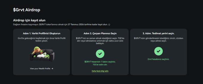 The image shows the $Grvt Airdrop registration page with three steps: Create Wealth Profile, Choose Multiplier Plan, and Select Delivery Location. This directly relates to the post, which encourages users to register for the airdrop and provides a link for registration.