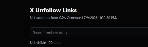 A dark-themed webpage titled 'X Unfollow Links' showing '811 accounts from CSV. Generated 7/9/2026, 1:22:30 PM.' with a search bar and stats indicating 811 visible and 20 done.