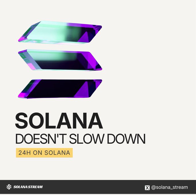 A promotional graphic featuring the Solana logo made of purple crystal-like shapes with the text 'SOLANA DOESN'T SLOW DOWN' and '24H ON SOLANA', tagged '@solana_stream'.