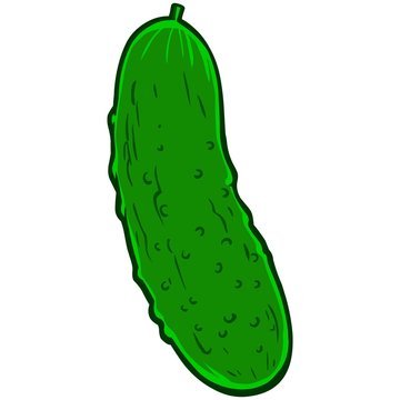 A cartoon illustration shows a whole green pickle with bumpy texture.