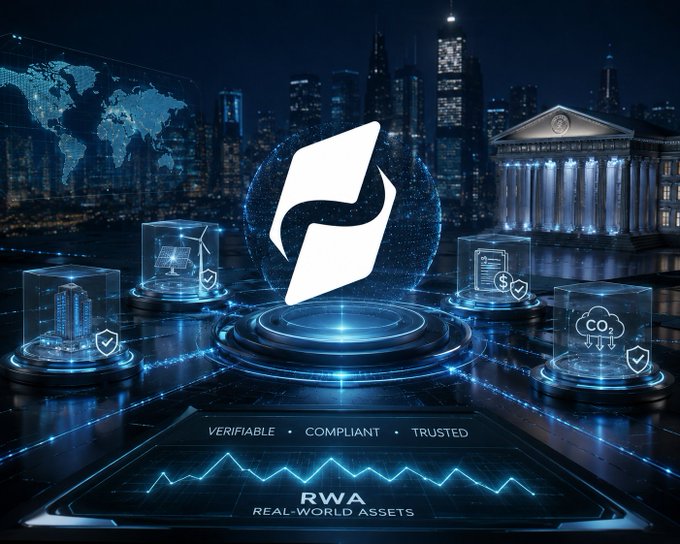 A futuristic cityscape graphic showcasing a Real-World Assets (RWA) platform with a central logo, surrounded by holographic icons of real estate, servers, and data, with the text 'VERIFIABLE • COMPLIANT • TRUSTED'.