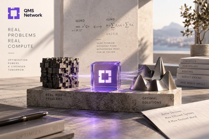A QMS Network promotional graphic features the text 'REAL PROBLEMS REAL COMPUTE' and 'OPTIMIZATION POWERS A STRONGER TOMORROW,' alongside mathematical QUBO and ISING formulas and labels for 'REAL WORLD PROBLEMS' and 'OPTIMAL SOLUTIONS'.