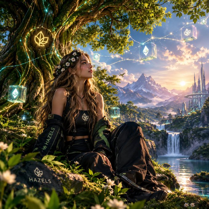 A fantasy digital artwork of a woman in black clothing sitting beneath a large tree, with glowing Ethereum logos floating around her and a futuristic city in the background.