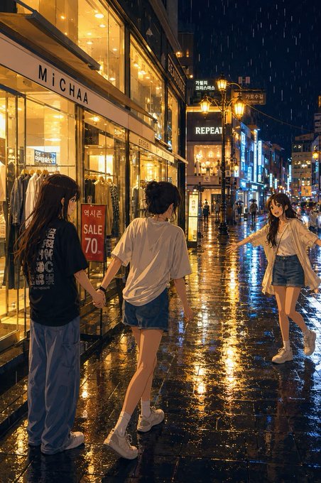An anime-style nighttime street scene showing three girls on a wet city sidewalk outside storefronts labeled 'MICHAA' and 'REPEAT', with a 'SALE 70%' sign visible and rain falling.