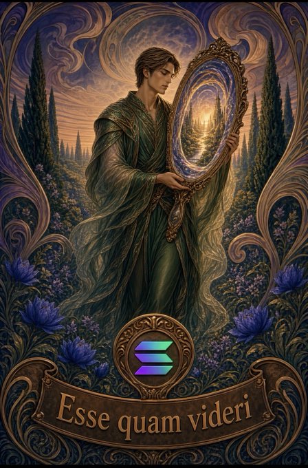 An ornate fantasy-style illustration of an elf-like figure in green robes holding a glowing mirror, framed by decorative borders, featuring a Solana logo and the Latin phrase 'Esse quam videri'.