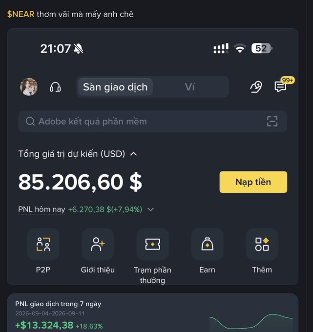 A mobile screenshot of a cryptocurrency exchange app showing a portfolio value of 85,206.60 USD, a profit of +6,270.38 (+7.94%) today, and a 7-day profit of +$13,324.38 (+18.63%), with text in Vietnamese.