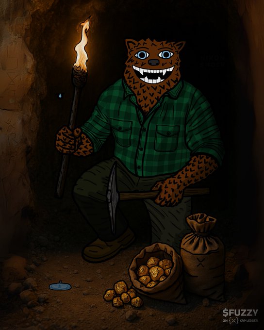 A cartoon leopard character in a green plaid shirt sits in a cave holding a torch, with a pickaxe, sacks of gold, and "$FUZZY ON XRP LEDGER" text visible. The image, with its mining theme and prospector aesthetic, symbolizes the crypto mining/holding journey and visually supports the post's bold claim that "XRP WILL FLIP BTC" following a financial "NIXON SHOCK" event.