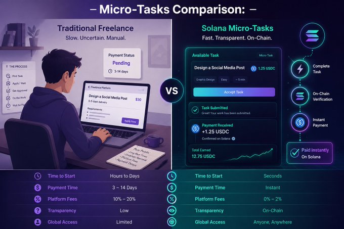 A 'Micro-Tasks Comparison' infographic contrasts Traditional Freelance (slow, manual) with Solana Micro-Tasks (fast, transparent, on-chain), listing differences in time to start, payment time, platform fees, transparency, and global access.