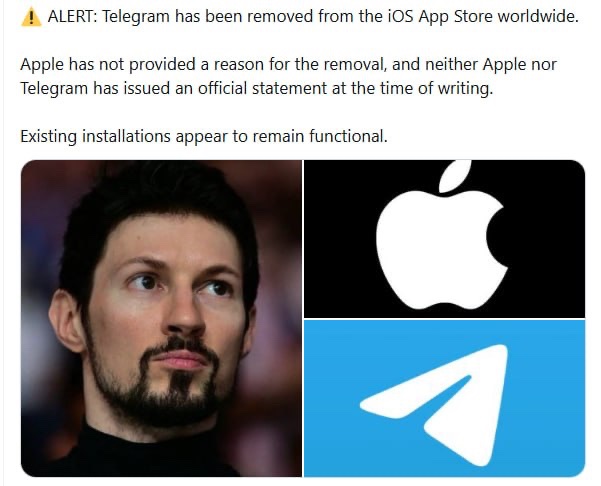 A news alert stating 'ALERT: Telegram has been removed from the iOS App Store worldwide,' accompanied by photos of Pavel Durov and the Apple and Telegram logos.