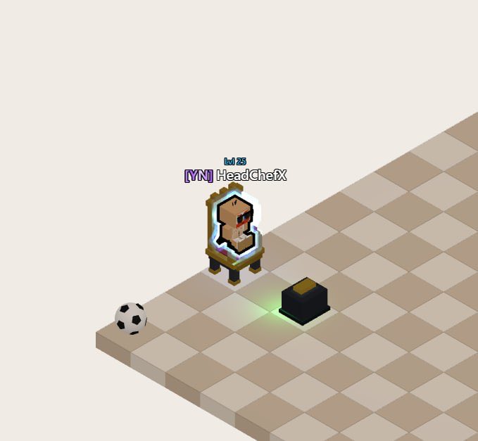 An isometric pixel art scene shows a wooden throne with a pink bow, labeled 'lvl 25 [YN] HeadCheX', next to a black and gold block and a soccer ball on a tiled floor.