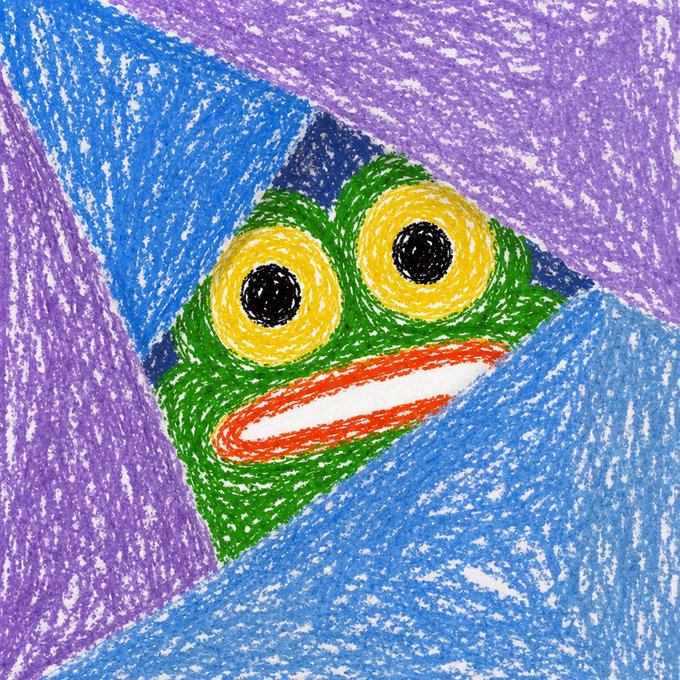 A colorful crayon-style drawing of a green frog-like character with large yellow eyes and a wide red mouth, set against a purple and blue background.