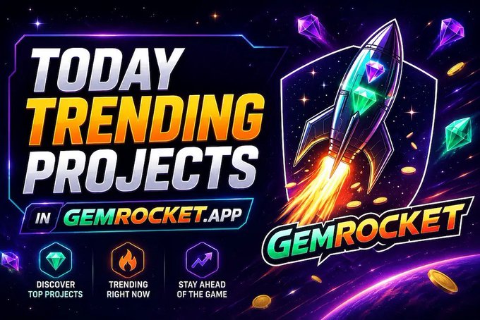 A vibrant promotional graphic with the large text "TODAY TRENDING PROJECTS IN GEMROCKET.APP" and "GEMROCKET", featuring a stylized rocket ship, colorful gems, and icons labeled "DISCOVER TOP PROJECTS", "TRENDING RIGHT NOW", and "STAY AHEAD OF THE GAME".