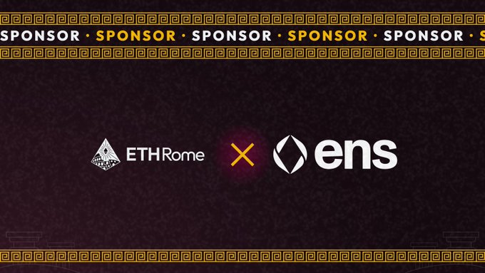 A promotional graphic with a dark background and patterned borders shows the logos for "ETHRome" and "ens" with a yellow "x" between them, below a banner reading "SPONSOR" repeatedly.