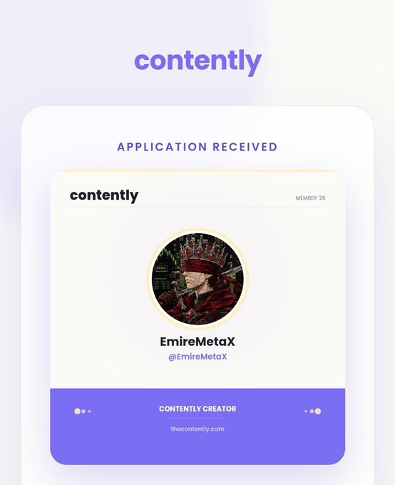 A 'Contently' application received confirmation card showing a profile for 'EmireMetaX' (@EmireMetaX) as a Contently Creator.