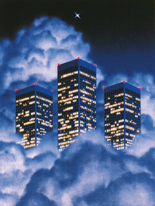 Three illuminated skyscrapers float among billowing blue clouds beneath a single star, with a tall central building flanked by two shorter towers, all marked by red lights at their corners—evoking a dreamy, surreal nightscape that complements the post's celebration of the artwork's success on SuperRare.