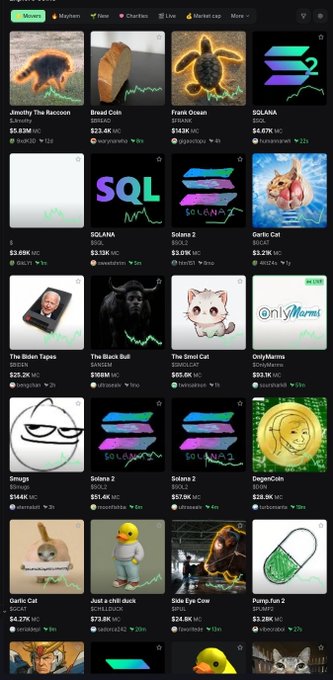 A cryptocurrency market listing on Pump.fun showing various meme coins with their market caps and price changes.
