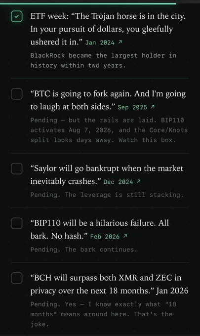 A dark-themed list of cryptocurrency predictions, with the first checked item noting "ETF week: 'The Trojan horse is in the city'" and BlackRock becoming history's largest holder, dated Jan 2024.