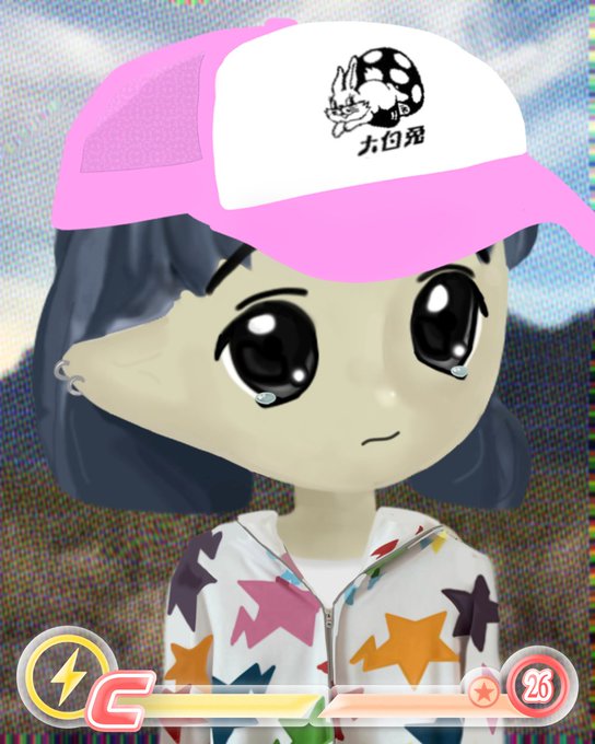 A 3D cartoon-style character with a tearful expression wearing a pink and white baseball cap with a skull logo, and a star-patterned jacket, resembling an interactive pet or game avatar.