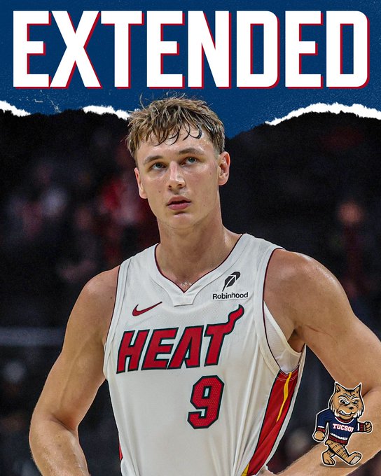 A graphic shows a Miami Heat basketball player in a white #9 jersey with the word "EXTENDED" at the top and a UConn mascot logo in the corner.