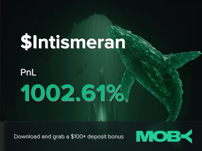 A promotional Moby ad celebrates a trader's win on the token $Intismeran, displaying an impressive PnL of +1002.61% alongside a green whale graphic and a call-to-action offering a $100+ deposit bonus. The image visually reinforces the post's highlight of a trader who closed a highly profitable position after the token's market cap surged from $73.25K to $1.53M.