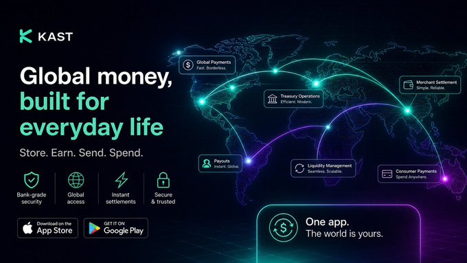 The image features a large map of the world with various countries and their connections, along with text that reads "Global money built for everyday life". The background of the image is dark blue, which contrasts with the light purple elements surrounding it. There are also several icons related to banking services such as bank accounts, payments, and credit cards displayed on the image.