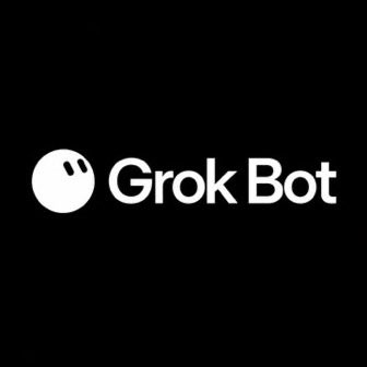 A simple black background with the white Grok Bot logo and its ghost-like icon.