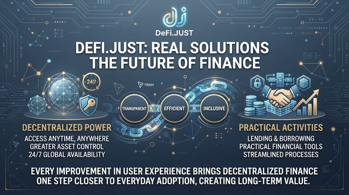 A promotional graphic for 'DeFi.JUST' titled 'REAL SOLUTIONS THE FUTURE OF FINANCE' featuring blockchain imagery, icons, and text highlighting 'DECENTRALIZED POWER' (24/7 global availability) and 'PRACTICAL ACTIVITIES' (lending & borrowing).