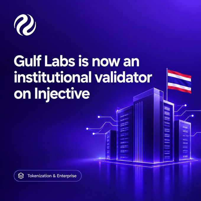 The image is a sleek, dark blue digital illustration featuring a stylized cityscape of glowing server towers with circuit-like connections, topped by the Thai flag, alongside the Injective logo and the headline "Gulf Labs is now an institutional validator on Injective," with a "Tokenization & Enterprise" tag at the bottom. It visually reinforces the post's announcement of Gulf Labs—a subsidiary of Thailand's $27B GULF Group—becoming an institutional validator on Injective to support tokenization, stablecoins, and enterprise distribution initiatives.