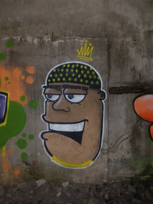 A street art graffiti piece on a concrete wall depicting a cartoonish character with a wide smile, dotted hair, and a yellow crown above the head, with the text 'BLOC01' visible to the lower right.