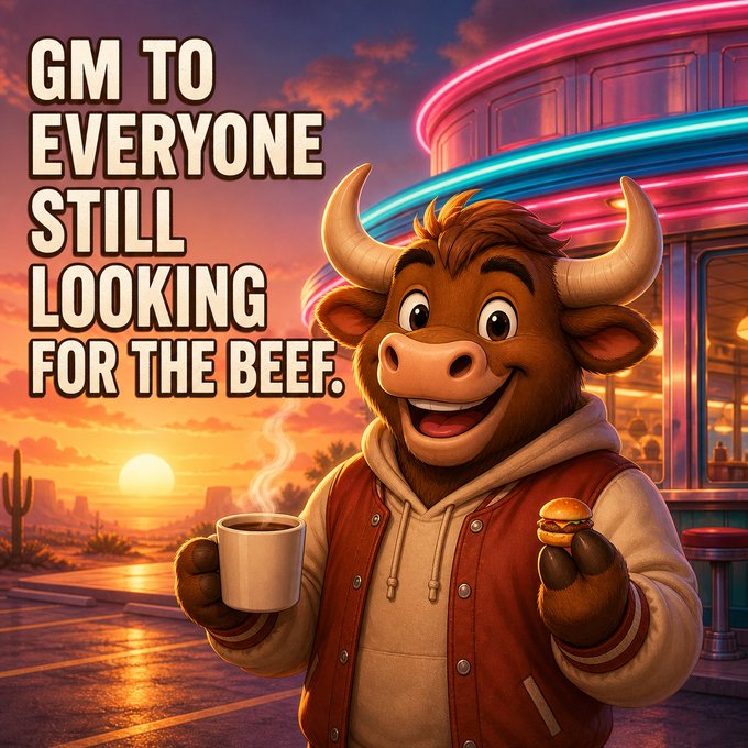 A meme image featuring an animated cartoon bull character holding a coffee cup and a mini hamburger, wearing a red and cream varsity jacket, with the text 'GM TO EVERYONE STILL LOOKING FOR THE BEEF.' displayed on the left side.