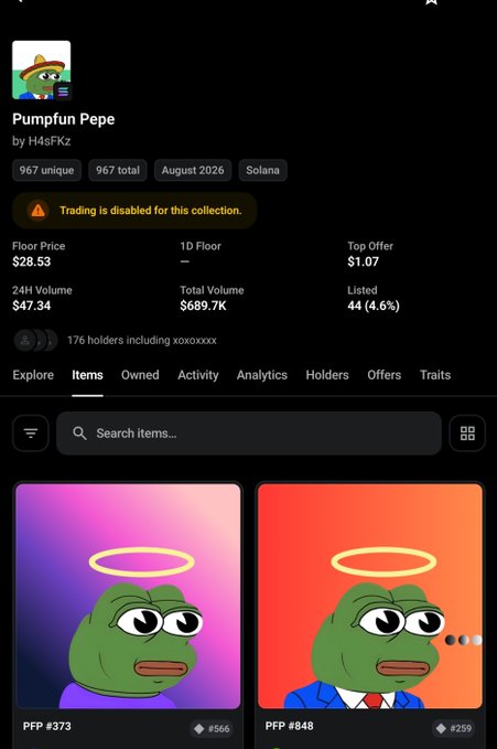 A dark-themed NFT collection page for 'Pumpum Pepe' by H4sFz on Solana, showing 967 unique items, a floor price of $28.53, 24H volume of $47.34, total volume of $689.7K, and two sample PFP items (#373 and #848) depicting a green Pepe character with a yellow halo.