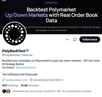 A social media profile page for "PolyBackTest" (@PolyBackTest) describing their service to "Backtest Polymarket Up/Down Markets with Real Order Book Data".