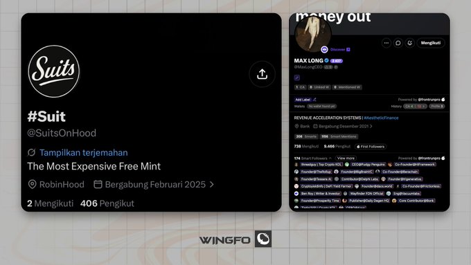 The image shows two side-by-side Twitter profile cards on a black background: the left card displays @SuitsOnHood's profile featuring "#Suit," the tagline "The Most Expensive Free Mint," and a join date of February 2025, while the right card shows @maxlongceo's profile with follower statistics. A "WINGFO" watermark appears at the bottom, visually promoting the upcoming free NFT mint experiment on the Robinhood chain mentioned in the accompanying post.