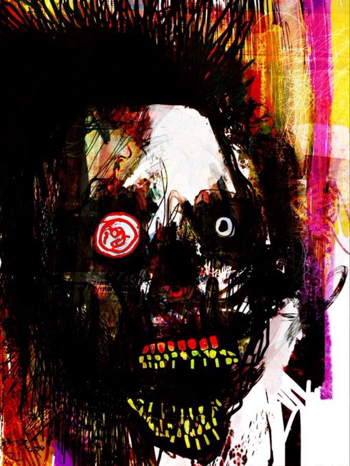 A vibrant, chaotic digital or painted artwork depicting a monstrous face with messy black hair, a red swirling eye, yellow jagged teeth, and splashes of pink and yellow.