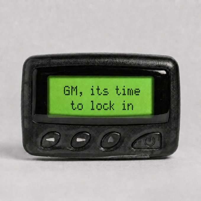 A black pager displays the message "GM, its time to lock in" on its green LCD screen. The "brb" caption pairs with the "lock in" message, suggesting the user is stepping away but reminding followers to stay focused.
