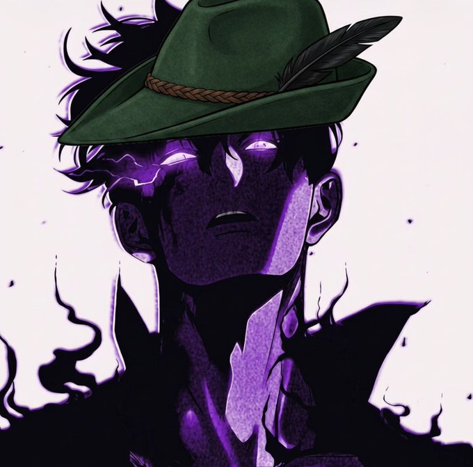 A dramatic anime-style portrait shows a young man wearing a green feathered hat, his face partially in deep shadow with glowing purple eyes and lightning-like effects on his cheek.