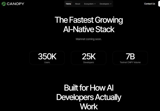 The image shows the Canopy (CNPY) website homepage featuring the headline "The Fastest Growing AI-Native Stack" with the subtext "Mainnet coming soon," highlighting key metrics of 350K Users, 25K Developers, and 7B Testnet CNPY Volume. This visually reinforces the post's claim about CNPY Network achieving 350K users and 25K developers with billions in testnet volume before launching its mainnet.
