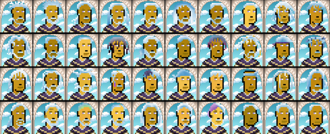 A grid of pixel-art sprite animations showing a blonde character performing various poses and actions against a sky background.