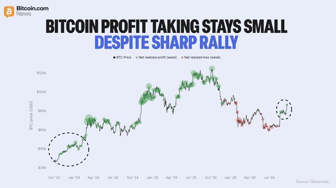A chart from Bitcoin.com News titled 'BITCOIN PROFIT TAKING STAYS SMALL DESPITE SHARP RALLY,' showing BTC price trends and net realized profit/loss from Oct '23 to Jul '26.