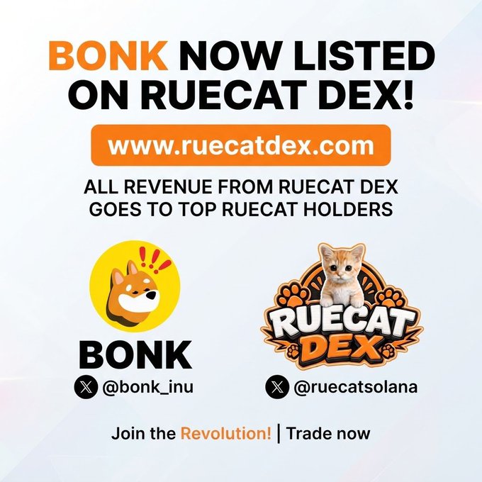 A promotional announcement stating 'BONK NOW LISTED ON RUECAT DEX!' at www.ruecatdex.com, noting that 'ALL REVENUE FROM RUECAT DEX GOES TO TOP RUECAT HOLDERS', with logos for BONK (@bonk_inu) and Ruecat DEX (@ruecatsolana).