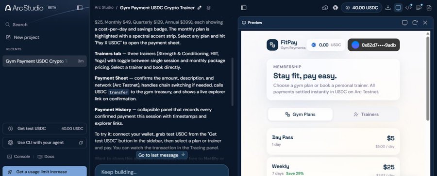A screenshot of the ArcStudio application interface showing a project titled 'Gym Payment USDC Crypto Trainer' with code/instructions, a sidebar with test USDC options, and a preview panel displaying a 'FitPay' gym membership app with USDC crypto payment integration.