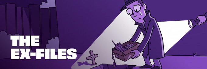 An illustrated banner titled 'THE EX-FILES' showing a worried detective holding a box with a heartbeat line under flashlight beams.