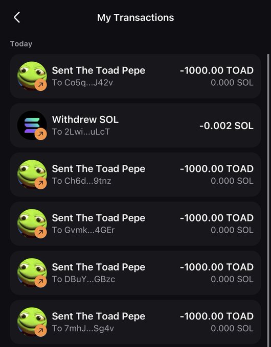 A mobile app screenshot titled "My Transactions" shows multiple recent TOAD token transfers of -1000.00 TOAD each, sent to various wallet addresses (e.g., C5q...J42v, Ch6d...9tnz, Gvmk...4GEr) alongside a -0.002 SOL withdrawal, visually supporting the post's claim of ongoing $TOAD airdrops to followers on the Pump app.