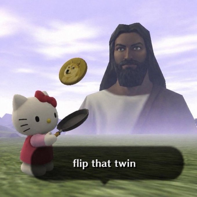 A 3D render meme featuring a Hello Kitty figure flipping a Dogecoin pancake in a pan, with a Jesus figure in the background, and text reading 'flip that twin'.
