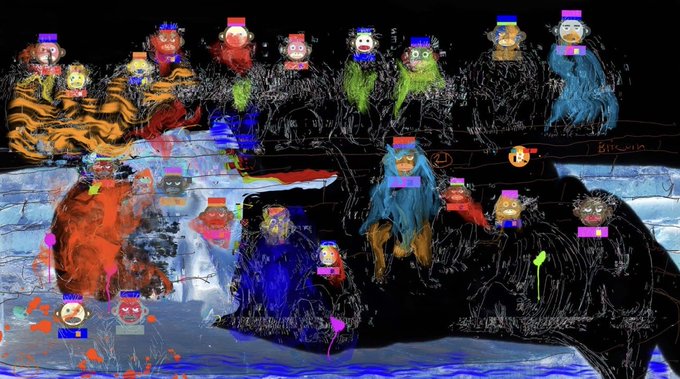 A colorful, chaotic digital artwork featuring multiple distorted monkey faces with colorful blocks above them, set against a dark background with text like 'SITCOIN' visible.