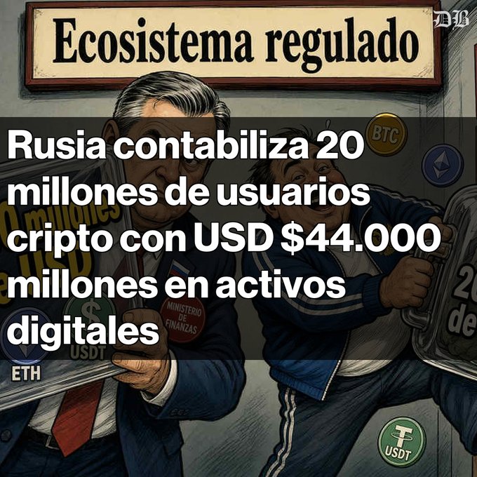 News graphic titled 'Ecosistema regulado' featuring an illustration of two men with cryptocurrency logos (BTC, ETH, USDT), with Spanish text stating 'Rusia contabiliza 20 millones de usuarios cripto con USD $44.000 millones en activos digitales'.