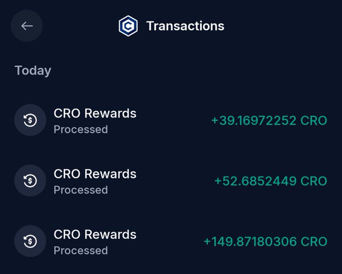 A screenshot of a Transactions screen showing three CRO Rewards processed: +39.16972252 CRO, +52.6852449 CRO, and +149.87180306 CRO.