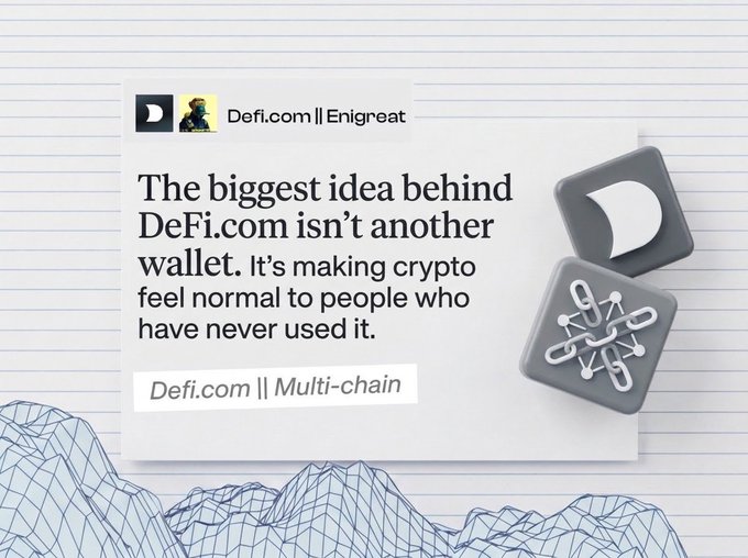 The image features a promotional graphic for DeFi.com with the text "The biggest idea behind DeFi.com isn't another wallet. It's making crypto feel normal to people who have never used it," along with branding for "Enigreat" and "Multi-chain" services, accompanied by 3D cube icons. This relates to the post's analogy about the friction of repeatedly setting up new wallets in crypto, reinforcing DeFi.com's mission to simplify the onboarding experience for everyday users.