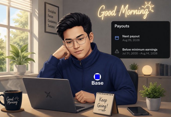 An AI-generated illustration shows a young man in a blue 'Base' hoodie working on a laptop in a cozy room with a 'Good Morning' neon sign and a 'Payouts' notification for 'Next payout Aug 28, 2026' and 'Below minimum earnings'.